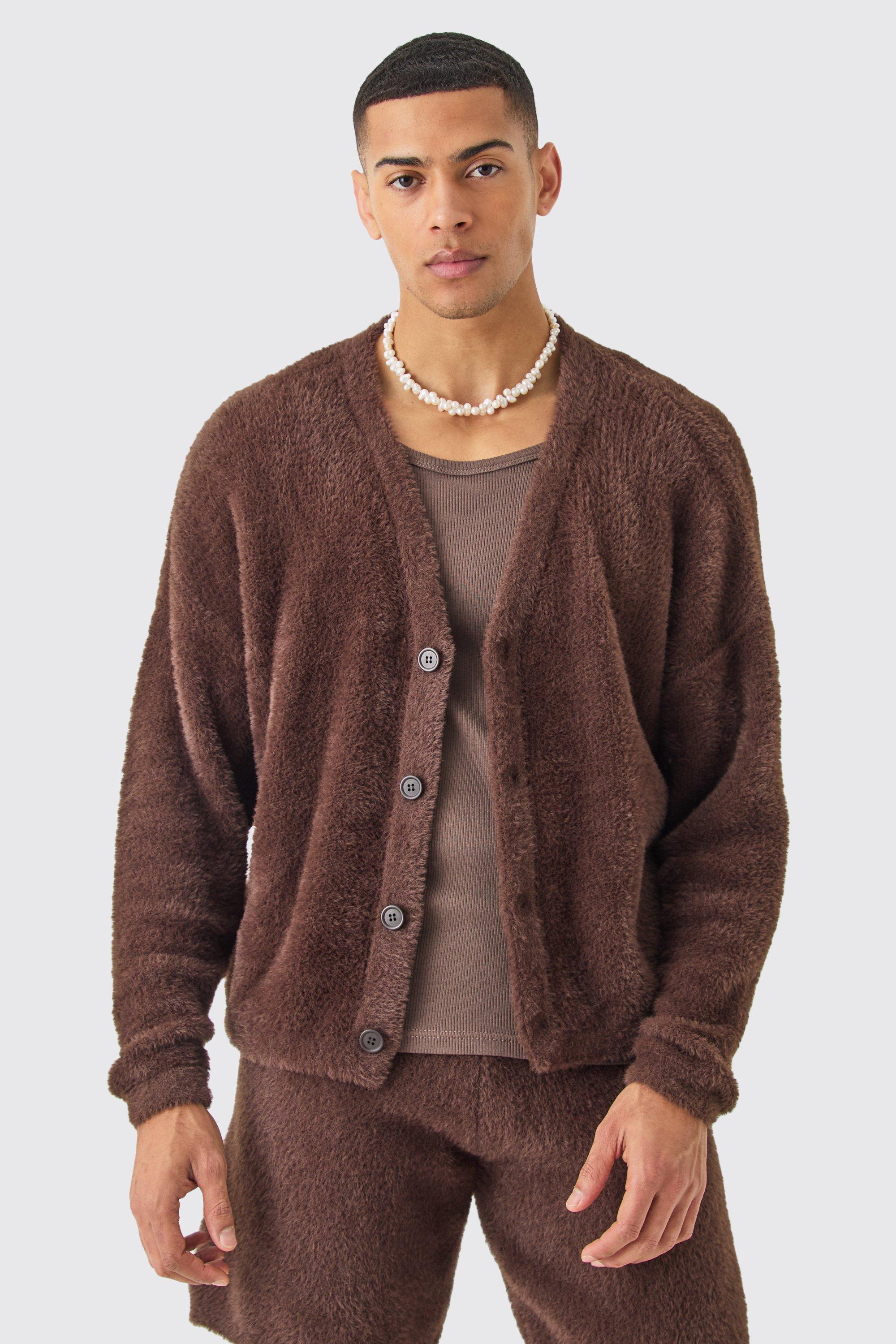 Fluffy Knit Cardigan In Brown | boohooMAN USA Product Image