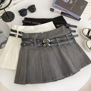 Plain Pleated Belted Mini A-Line Skirt Product Image