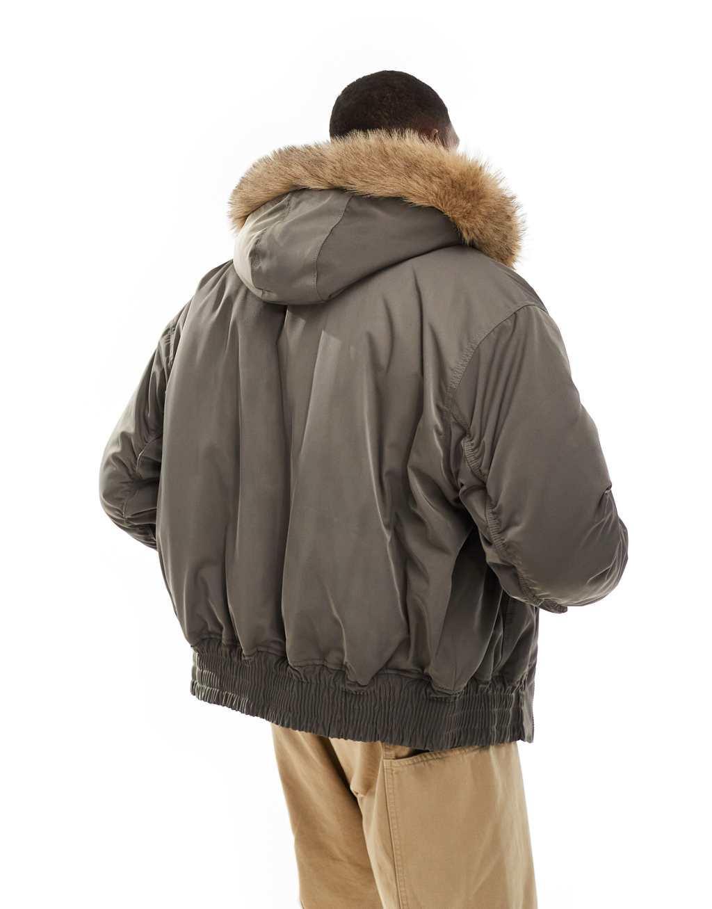 Weekday padded bomber jacket with faux fur hood in khaki Product Image