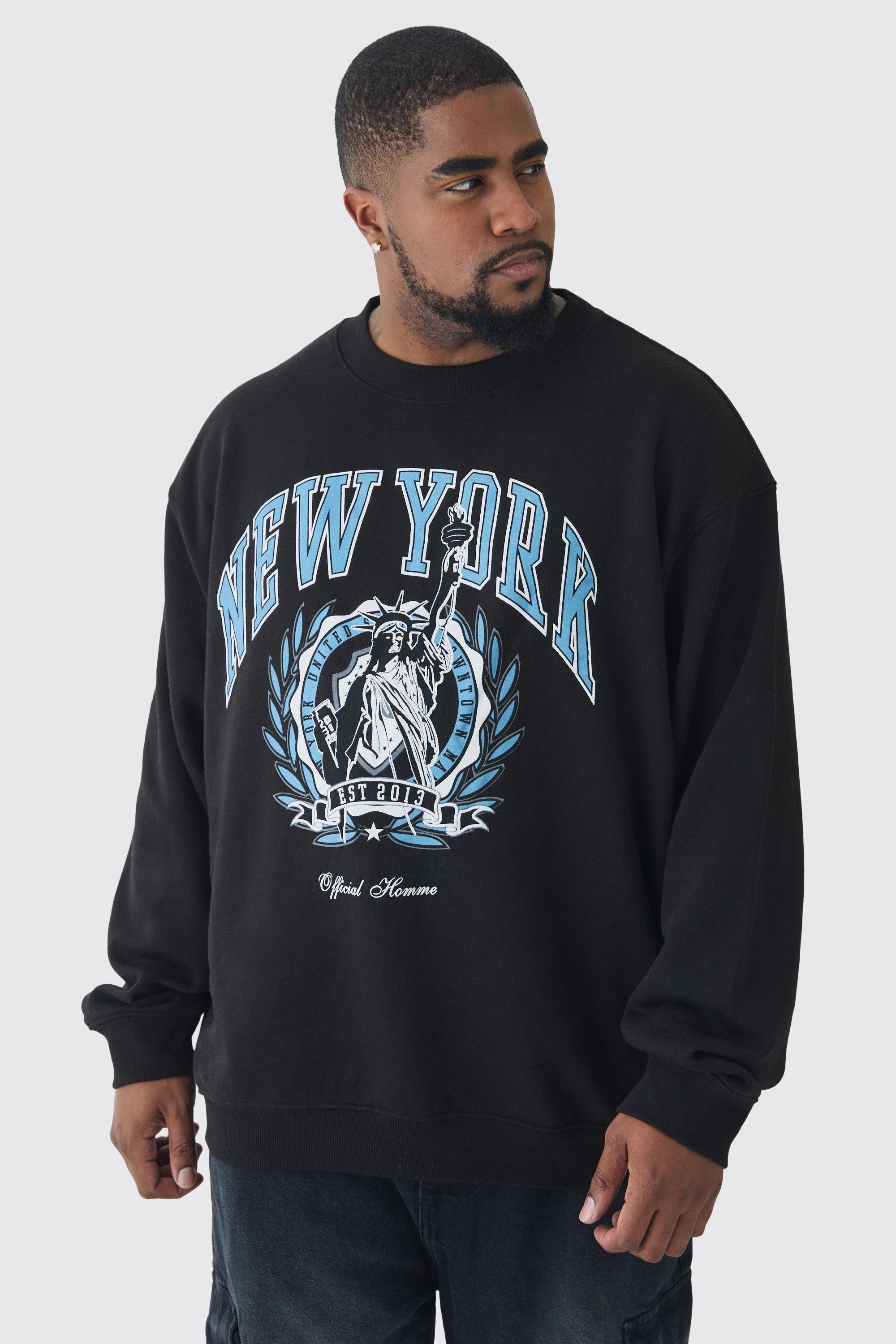 Plus New York Print Oversized Extended Neck Sweatshirt in Black | boohooMAN USA Product Image