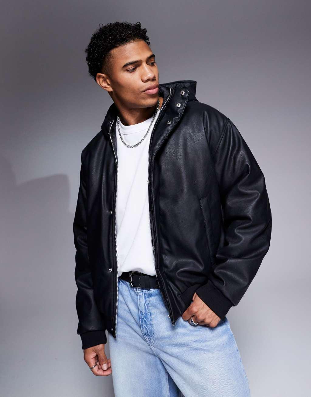 ASOS DESIGN faux leather hooded bomber jacket in black Product Image