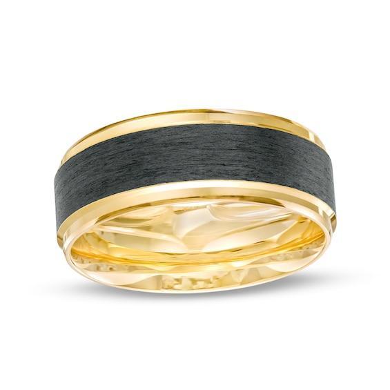 Men's 8.0mm Stepped Edge Wedding Band in 14K Gold and Carbon Fiber Inlay - Size 10 Product Image