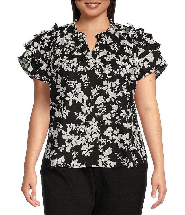 Calessa Plus Size Woven Floral Print Split V-Neck Ruffle Cap Sleeve Straight Hem Pullover Top Product Image