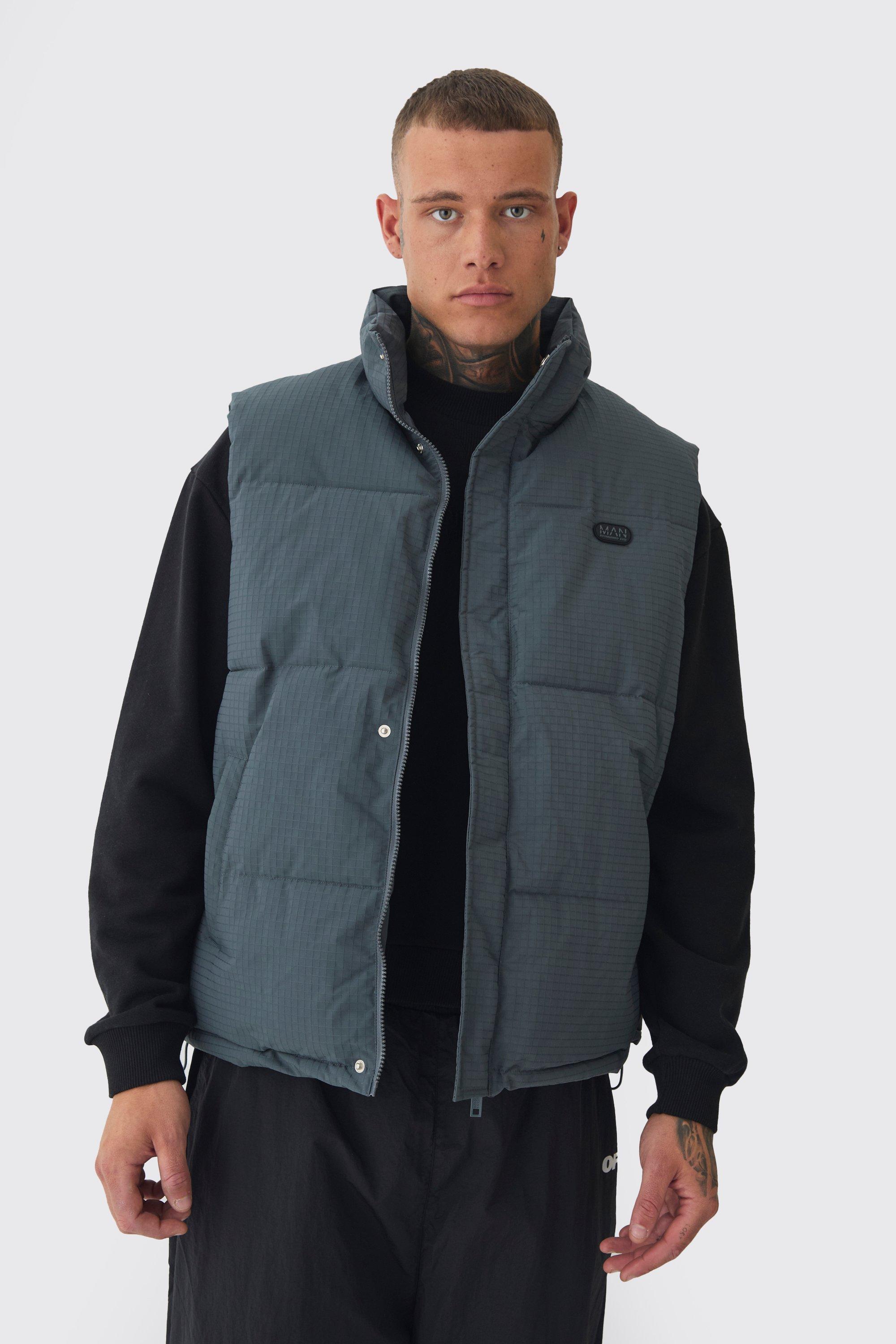 Tall Man Ripstop Funnel Neck Puffer Vest In Slate | boohooMAN USA Product Image