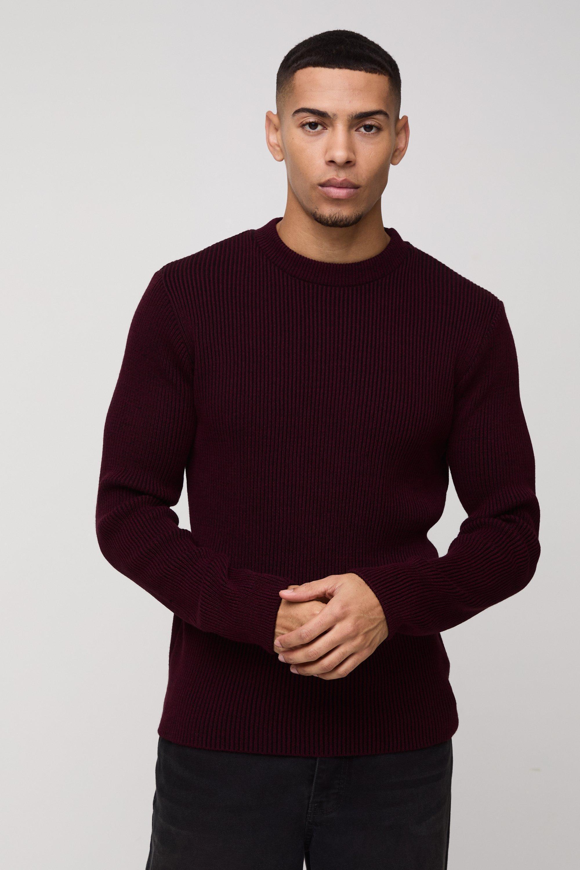 Regular Crew Neck Plated Ribbed Knit Sweater | boohooMAN USA Product Image