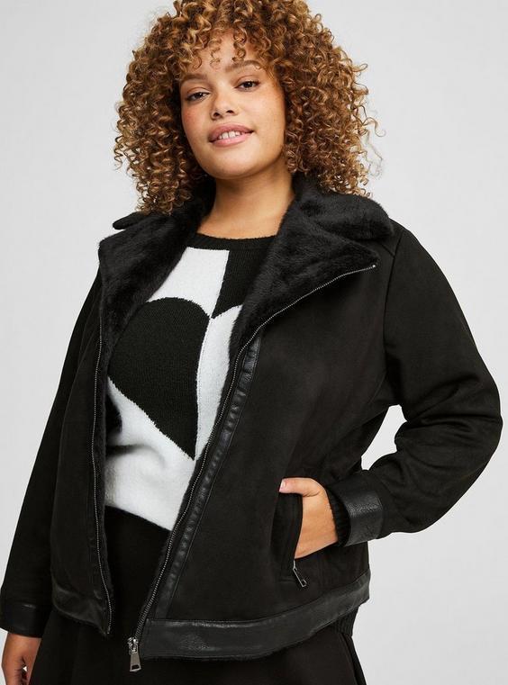 Faux Suede Fur-Lined Moto Jacket Product Image