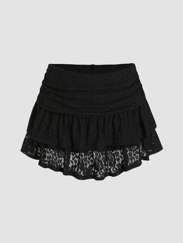 Ruched Floral Lace Knit Layered Mini Skort Product Image