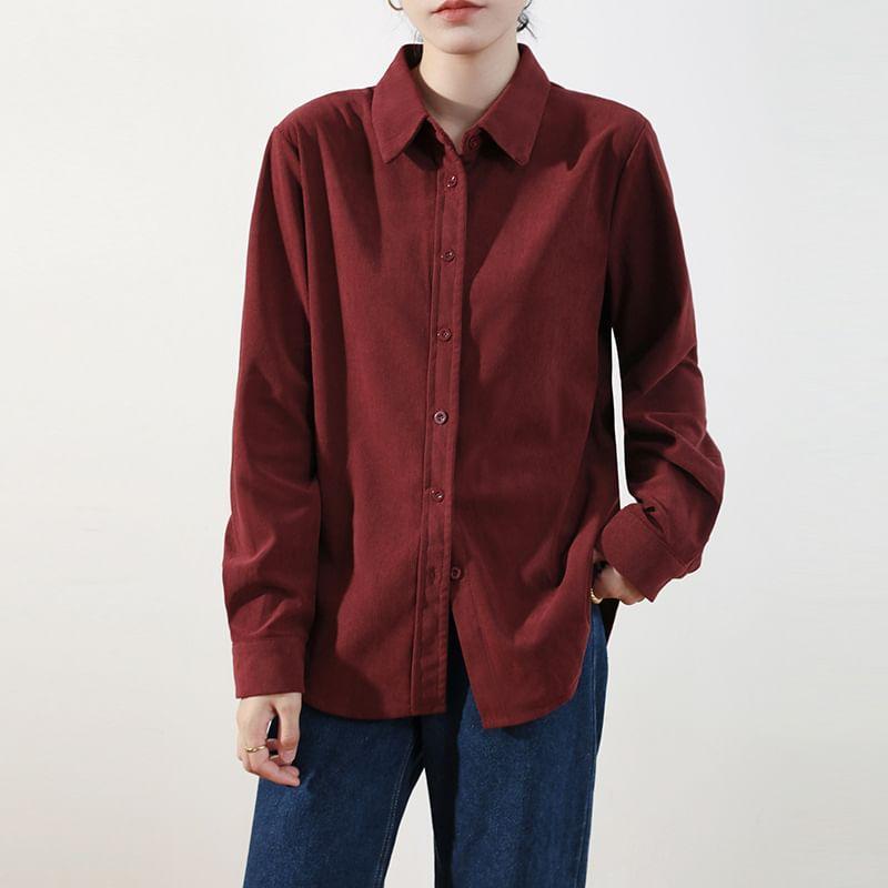 Long-Sleeve Corduroy Plain Shirt Product Image