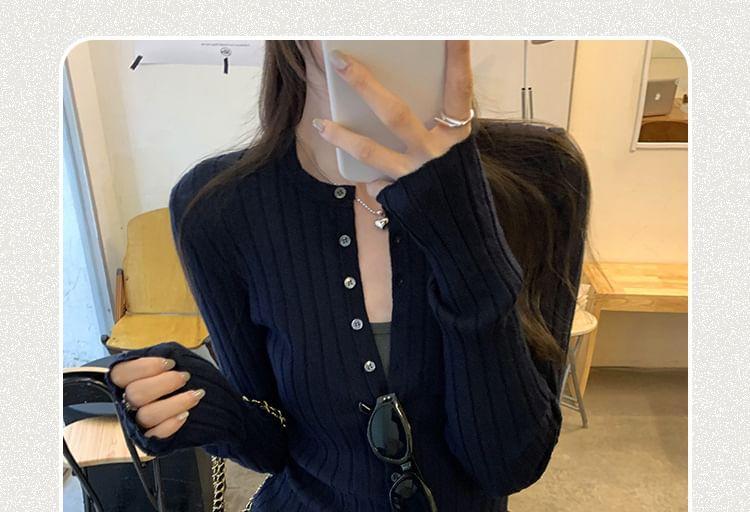 Long-Sleeve Crew Neck Plain Half-Buttoned Slim Fit Knit Top Product Image