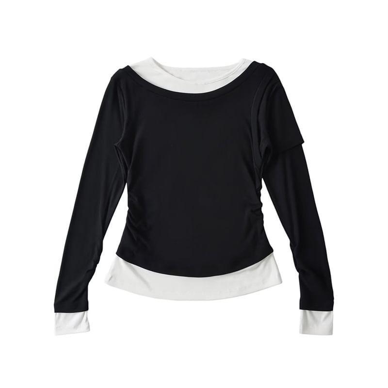 Long Sleeve Round Neck Mock Two Piece Ruched T-Shirt Product Image