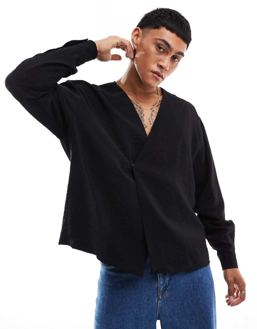 ASOS DESIGN oversized boxy wrap shirt in black crinkle fabric product image