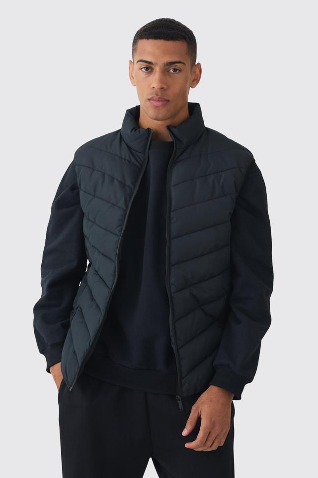 Quilted Zip Through Funnel Neck Vest In Black | boohooMAN USA Product Image