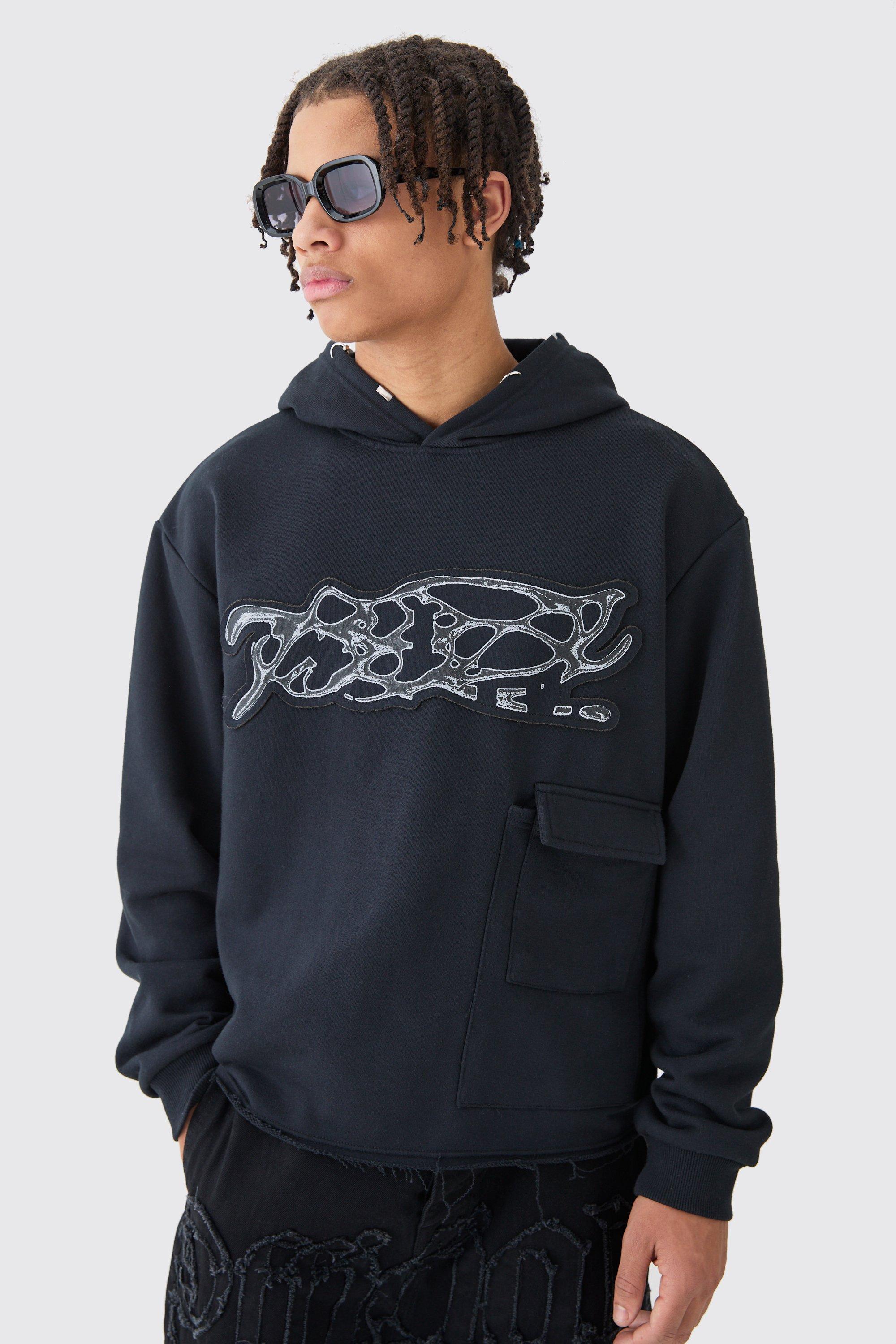 Oversized Boxy Heavy Distressed Applique Hoodie | boohooMAN USA Product Image