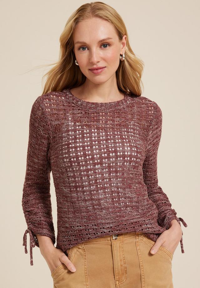 Marled Pointelle Cinched Sleeve Sweater Product Image