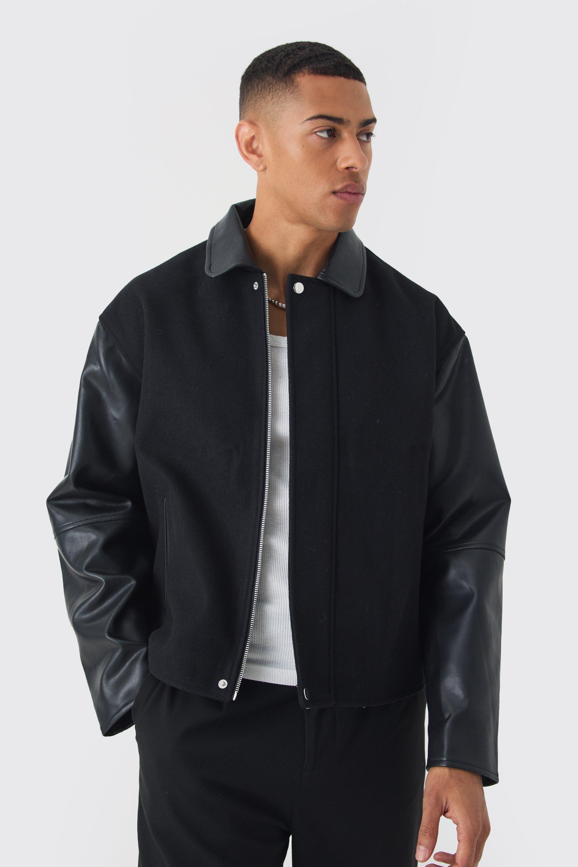 Mens Boxy PU Sleeve Collared Harrington Jacket In Black, Black Product Image