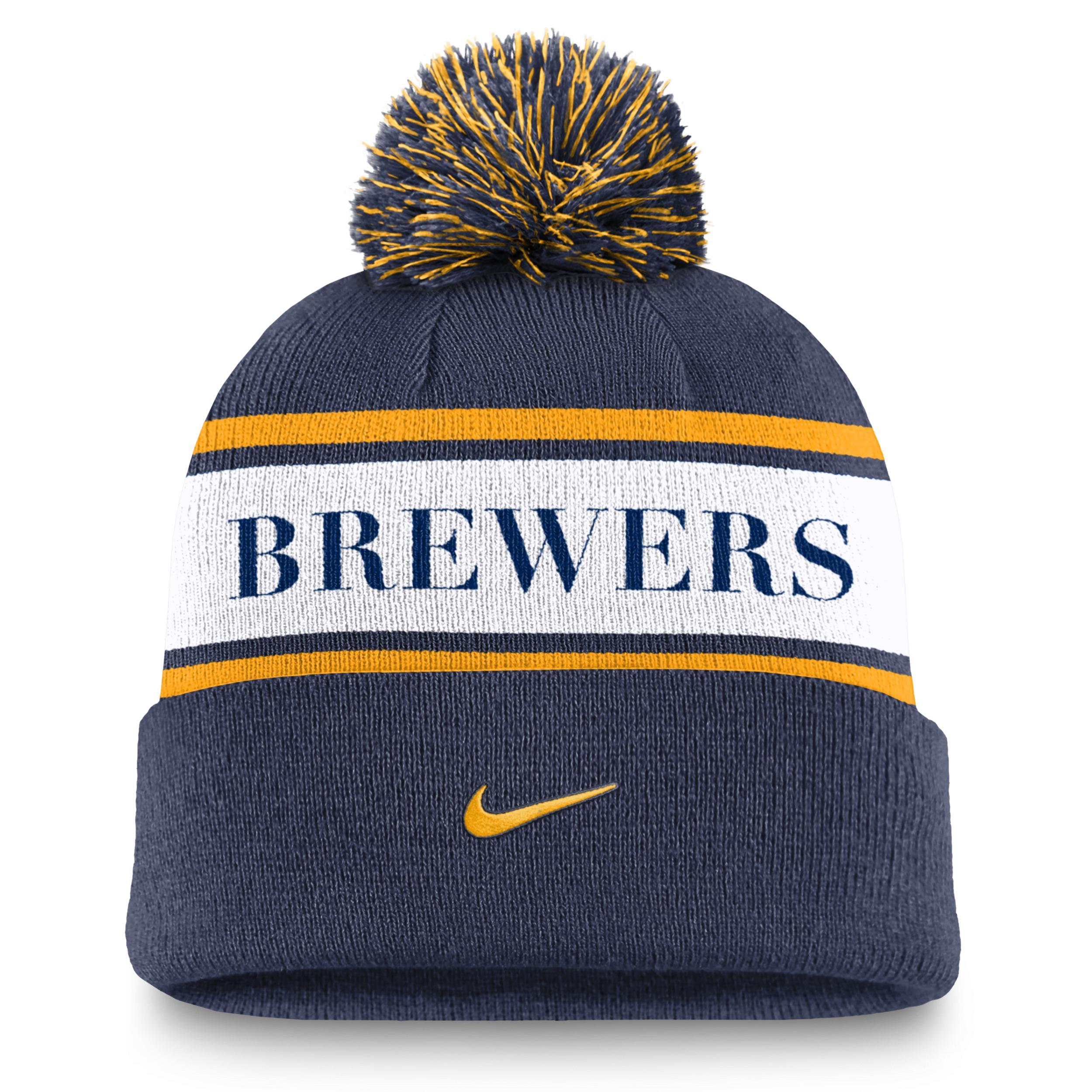 Milwaukee Brewers Team Stripe Peak Nike Men's MLB Cuffed Pom Beanie Product Image