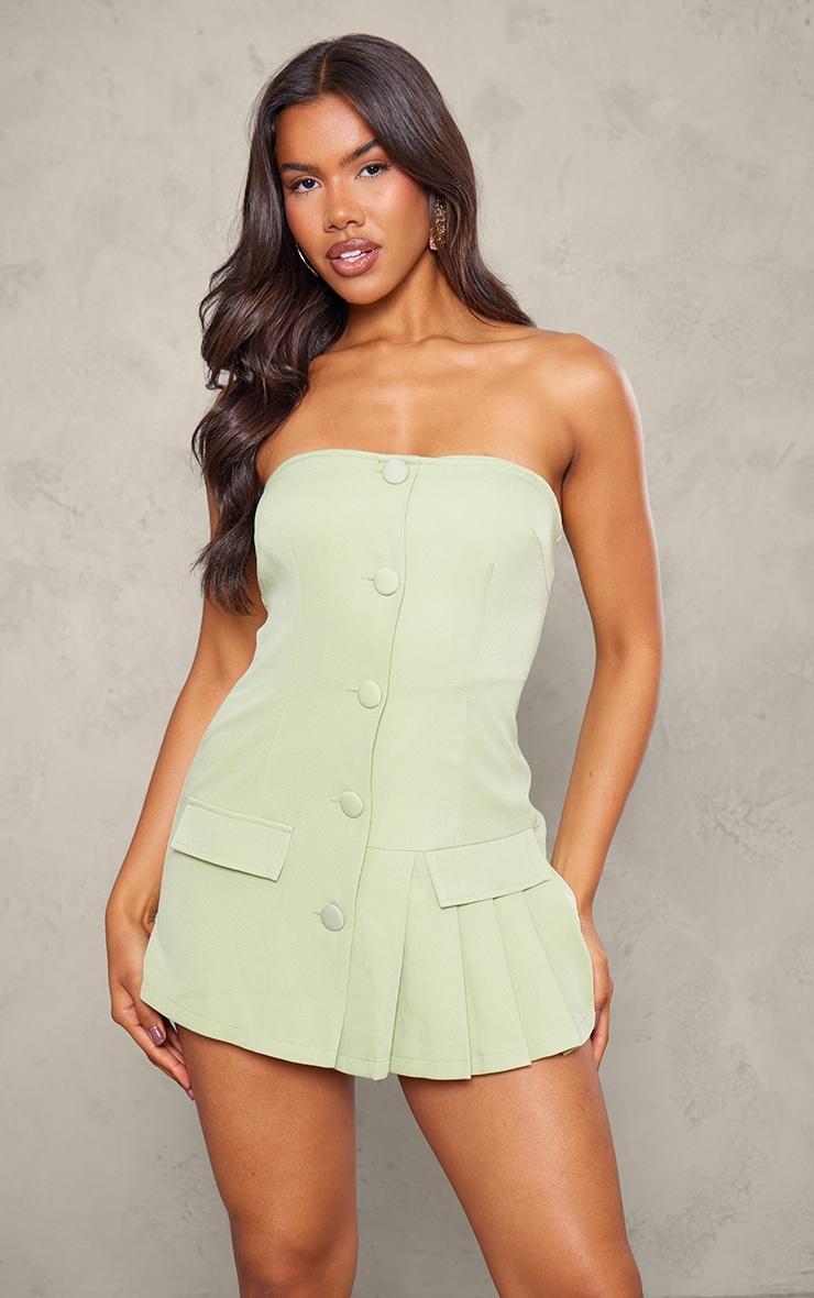 Sage Green Tailored Pleat Detail Bandeau Skort Romper Product Image