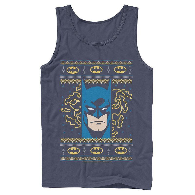 Mens DC Comics Batman Face Christmas Sweater Style Tank Top Blue Product Image