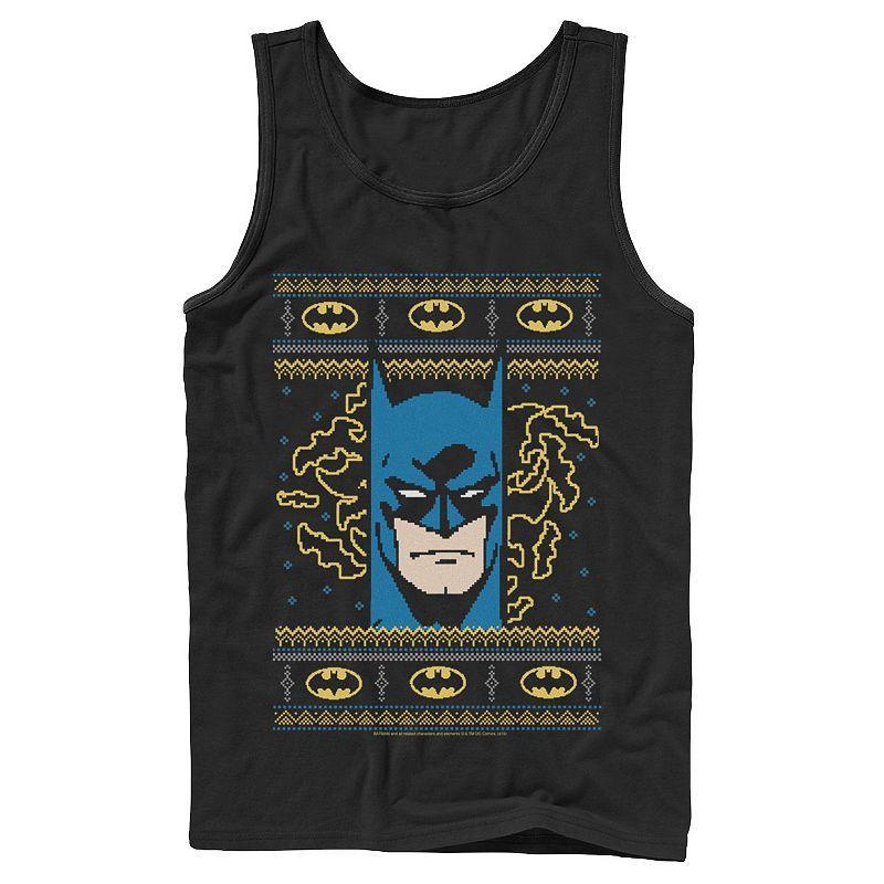 Mens DC Comics Batman Face Christmas Sweater Style Tank Top Blue Product Image