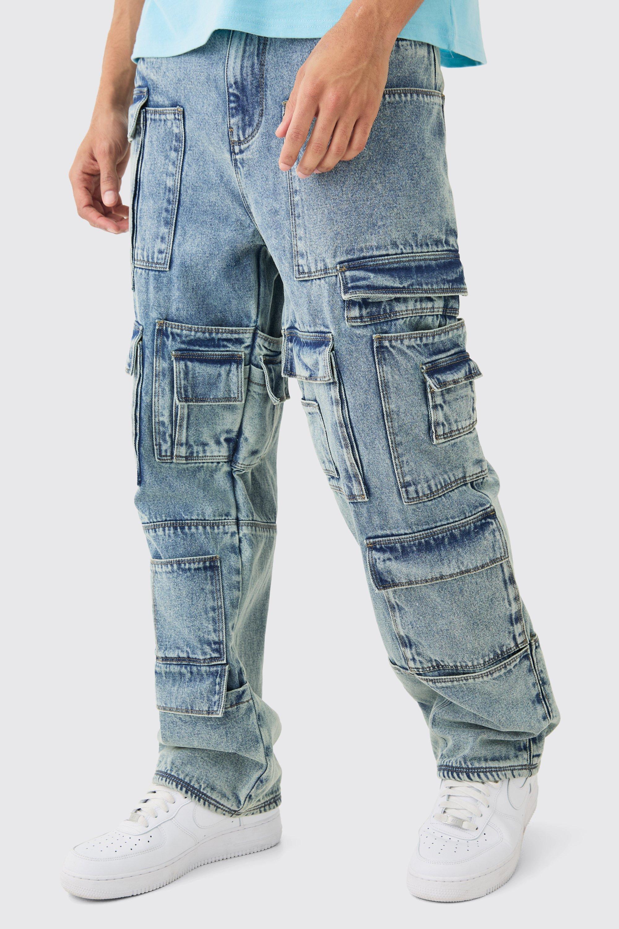 Relaxed Rigid Multi Pocket Cargo Jeans In Tinted Blue | boohooMAN USA Product Image