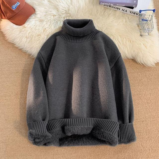 Long-Sleeve Turtleneck Plain Sweater Product Image