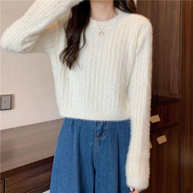 Crew Neck Plain Fluffy Sweater Product Image