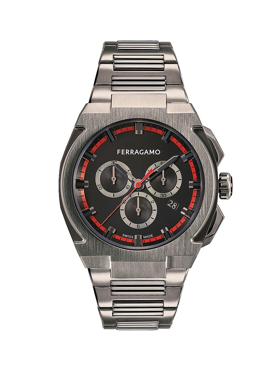 Salvatore Ferragamo Mens Edge Swiss Chronograph Ion-Plated Gunmetal Stainless Steel Bracelet Watch 43mm Product Image