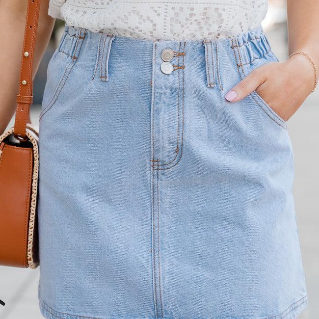 I've Been Thinking Light Wash Denim Paper Bag Waist Mini Skirt Product Image