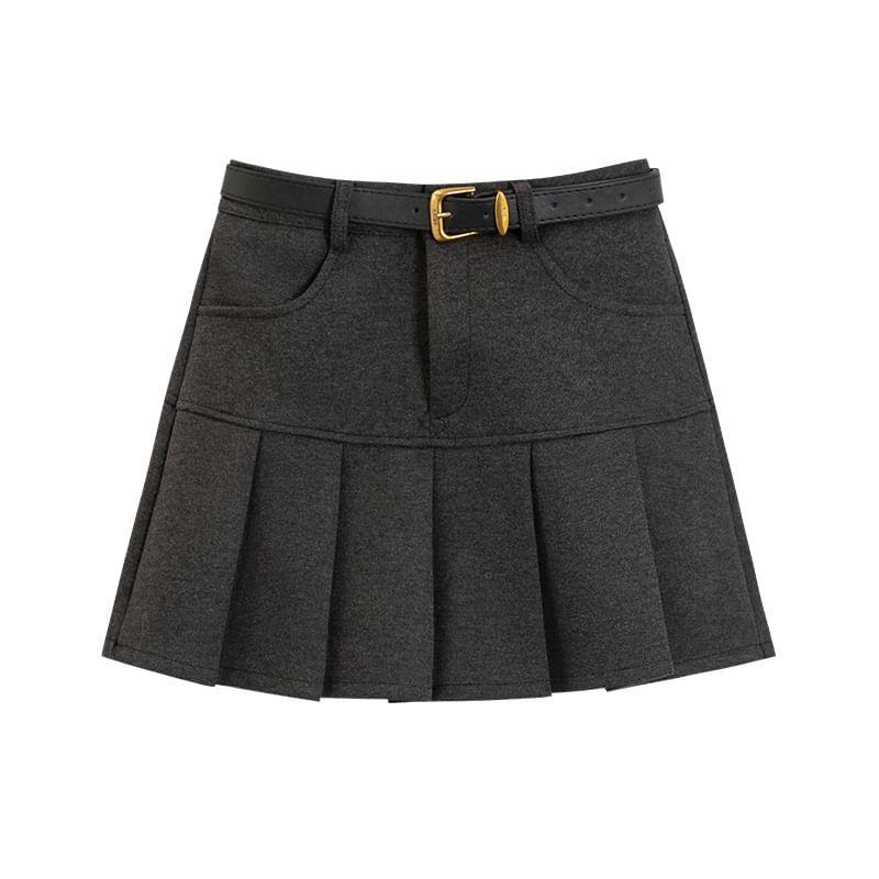 Set: High Rise Plain Mini Pleated Skirt + Belt Product Image