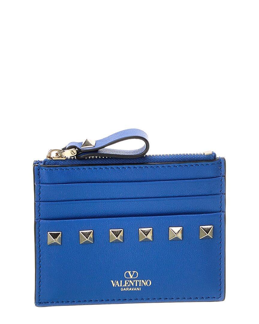 Valentino Rockstud Leather Card Holder In Blue Product Image