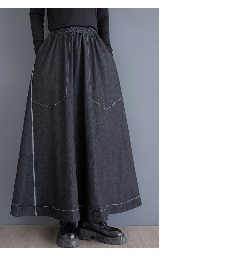 Elastic Waist Contrast Stitched Slit Denim Maxi A-Line Skirt Product Image