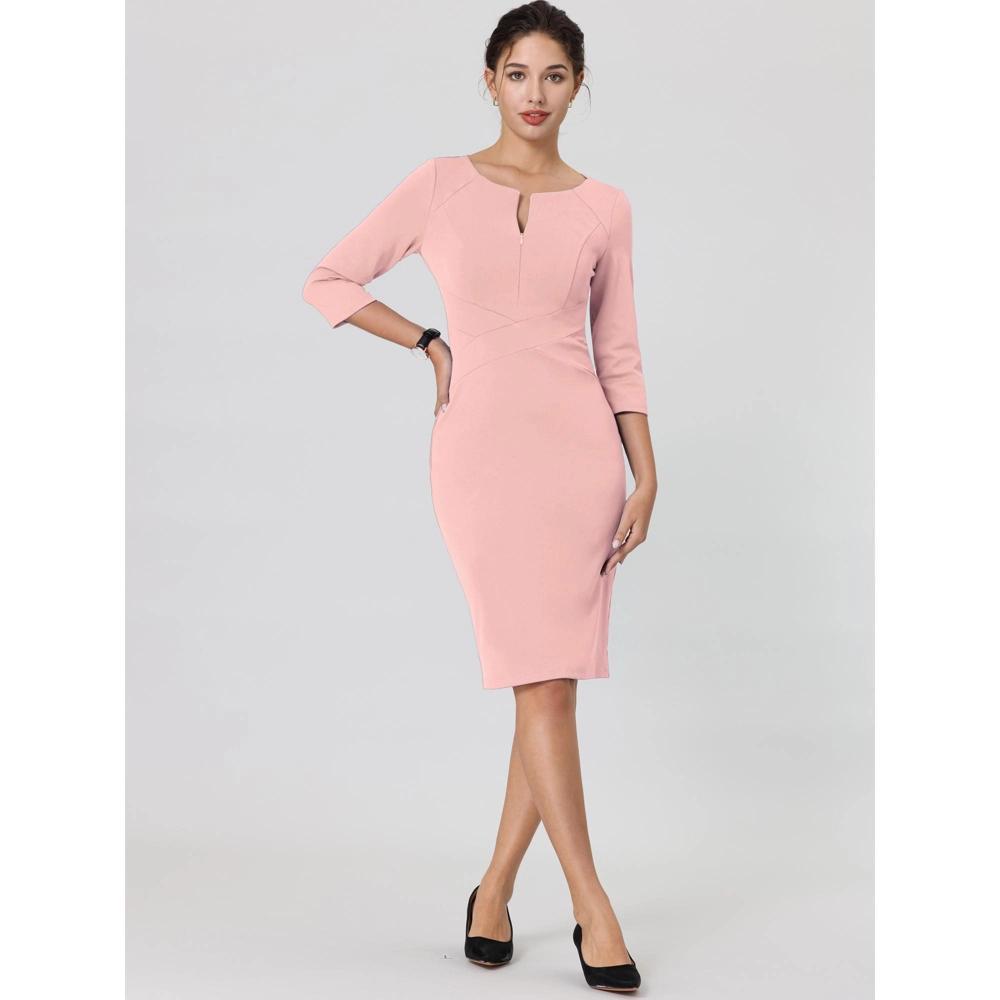 Hobemty Women's Work Zipper Neck Cross Waist-Lined 3/4 Sleeve Midi Pencil Dresses Pink XX-Large Product Image