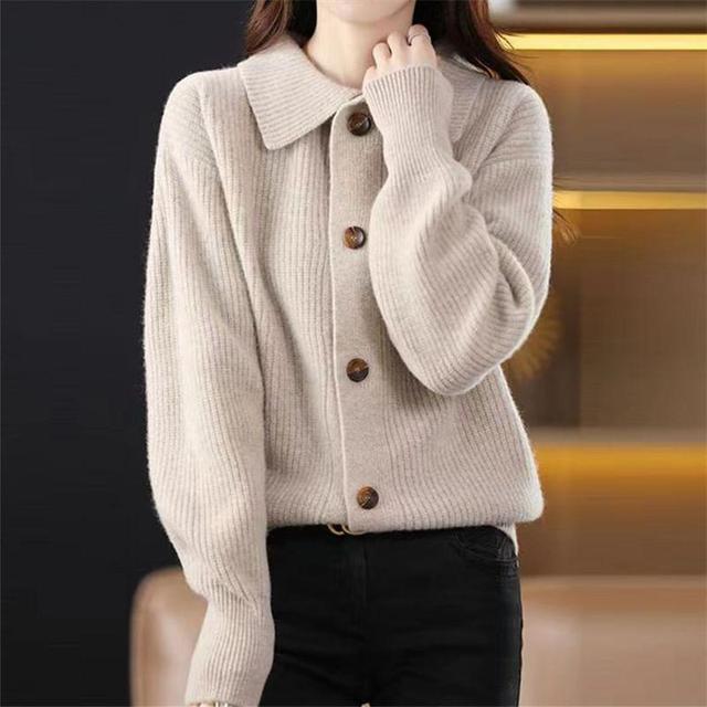 Lapel Collared Plain Button Up Cardigan Product Image