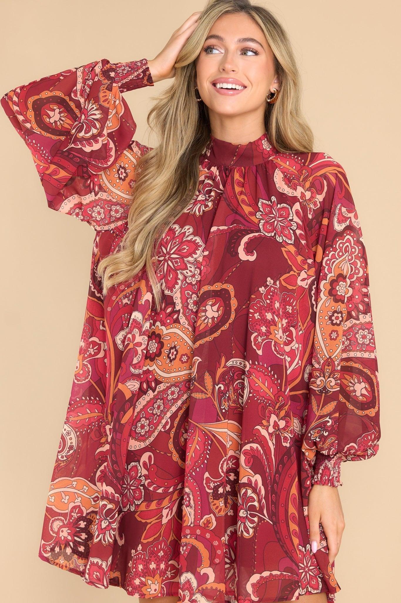 Aura Creative Dreamer Burgundy Multi Print Dress Product Image