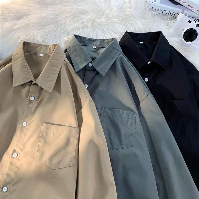 Long-Sleeve Plain Button-Up Shirt Product Image