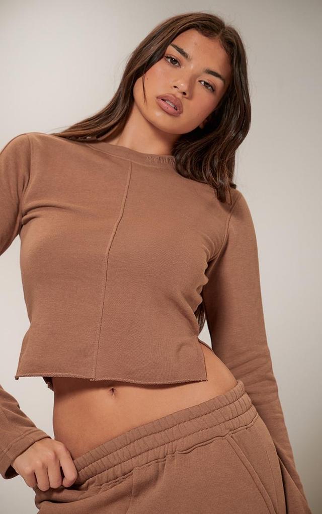 PRETTYLITTLETHING Taupe Embroidered Raw Hem Seam Detail Fitted Long Top Product Image