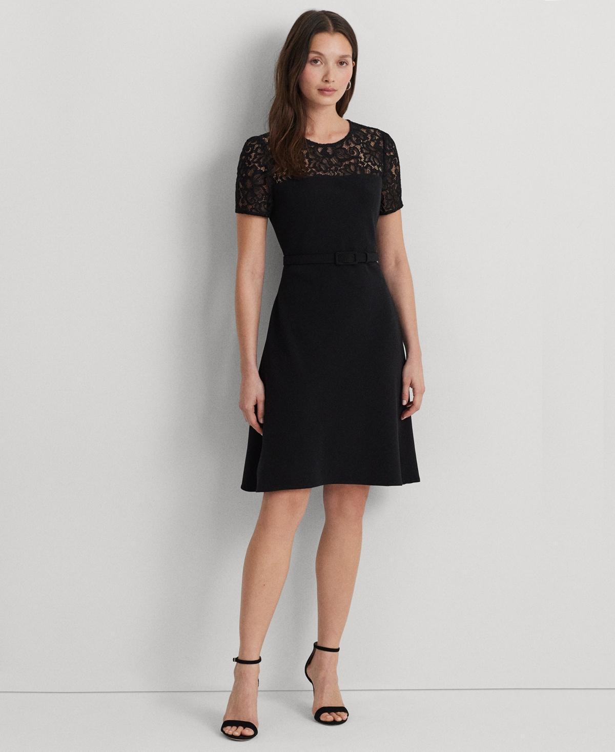 Women's Belted Lace-Trim Fit & Flare Dress Product Image