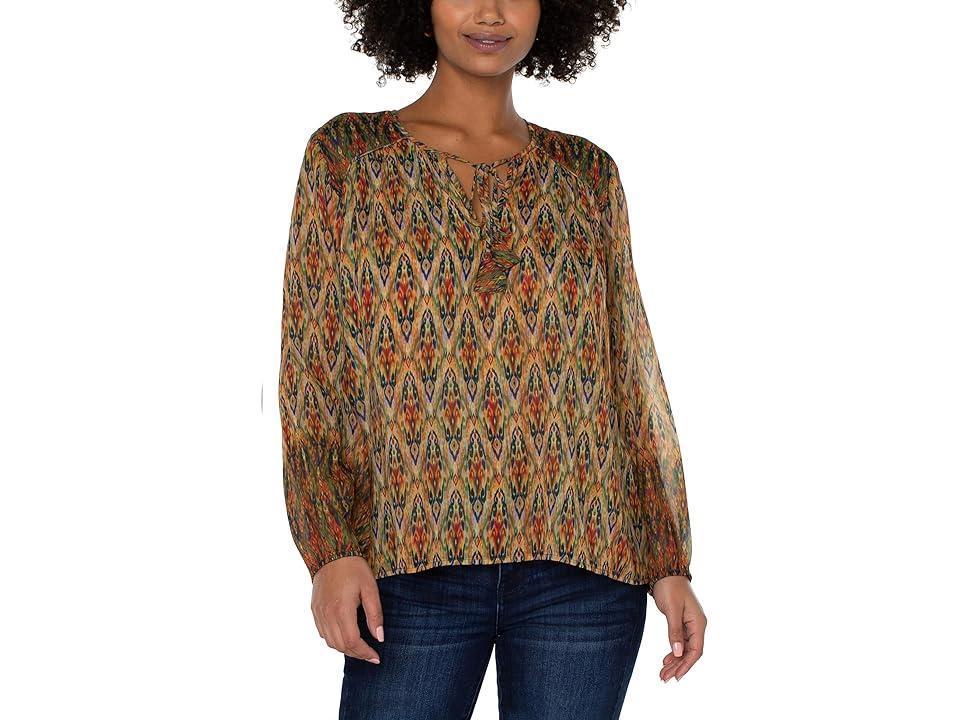 Liverpool Los Angeles Ikat Print Double Layer Woven Split V-Neck Long Sleeve Blouse Product Image