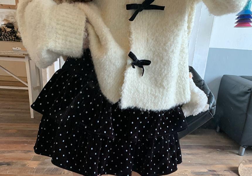 Round Neck Plain Bow Cardigan / Mid Rise Dotted Tiered Mini A-Line Skirt Product Image