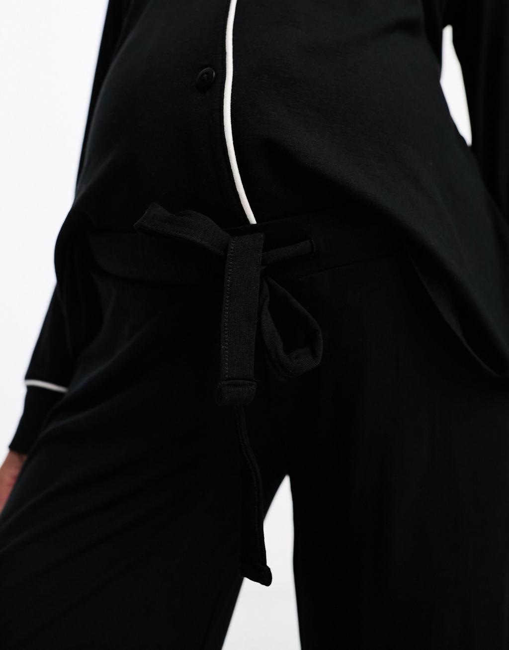 ASOS DESIGN Maternity super soft long sleeve shirt & pants pajama set with contrast piping in black Product Image