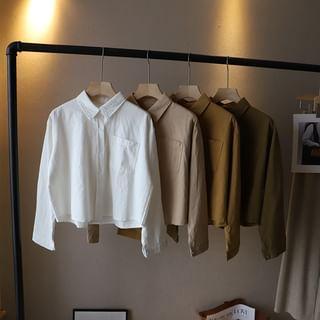 Long-Sleeve Plain Button-Up Crop Shirt Product Image