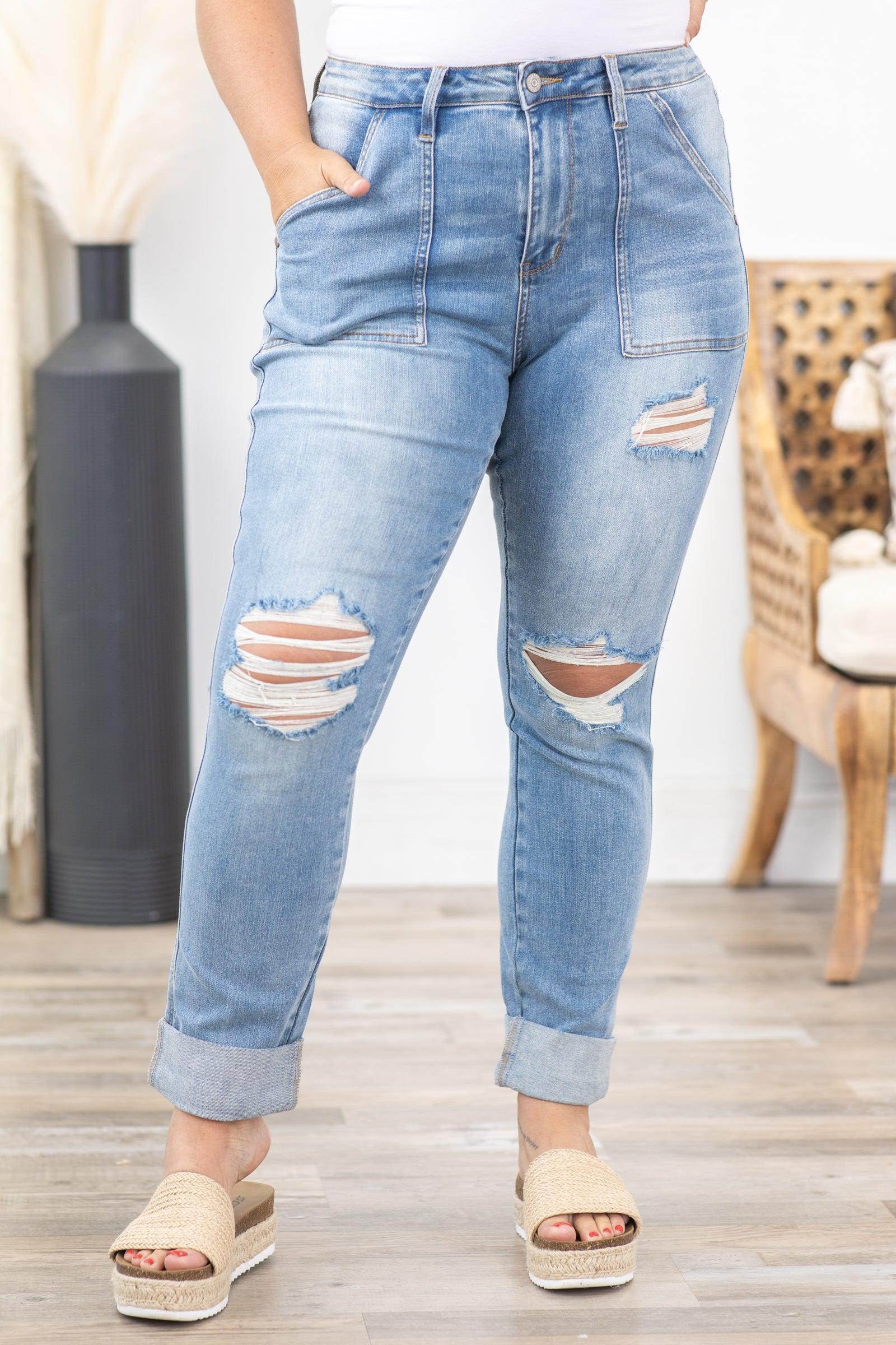 Judy Blue Patch Pocket Distress Boyfriend Jeans Product Image