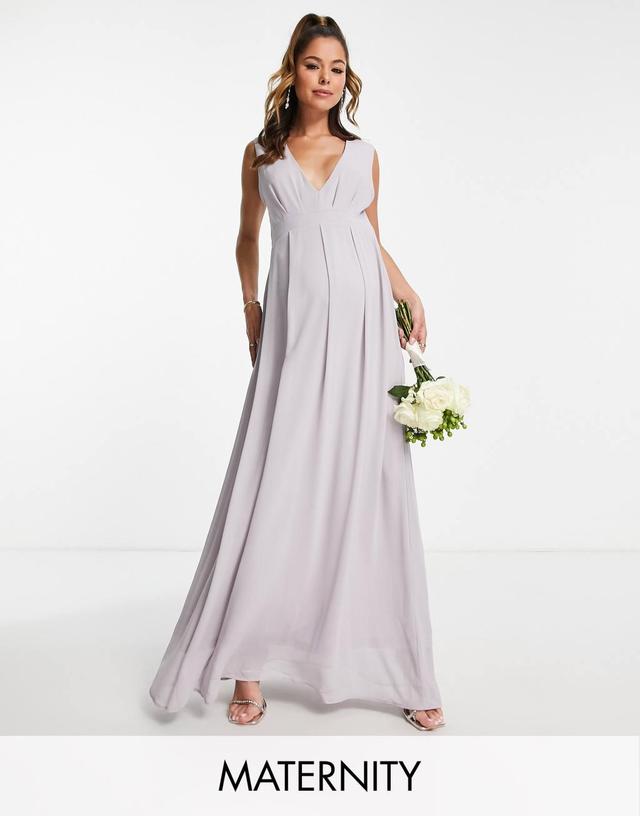 TFNC Maternity Bridesmaid chiffon v front maxi dress with pleated skirt in gray Product Image