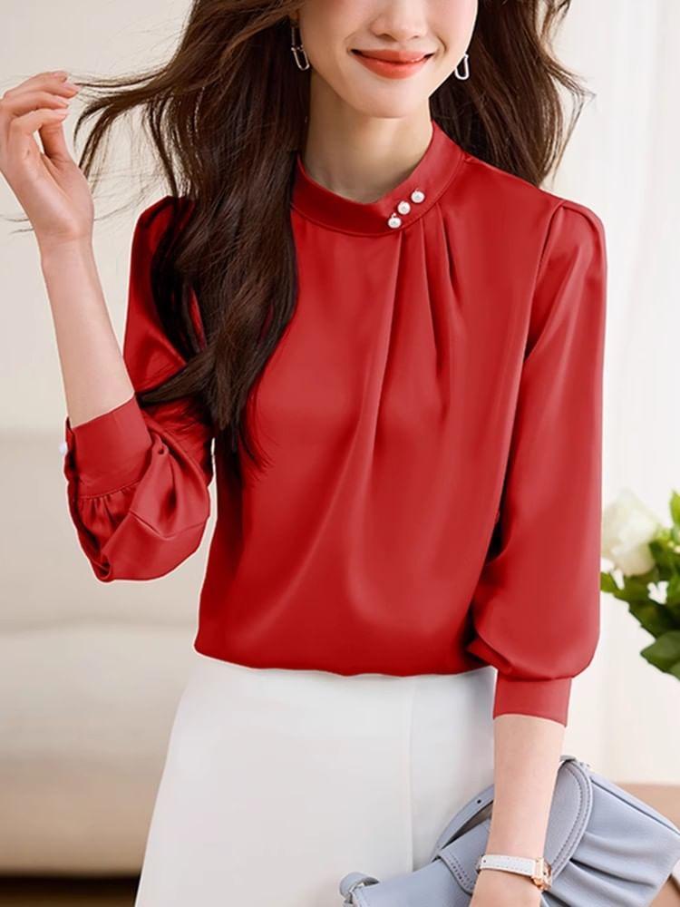 Long-Sleeve Stand Collar Plain Faux Pearl Accent Ruched Blouse Product Image