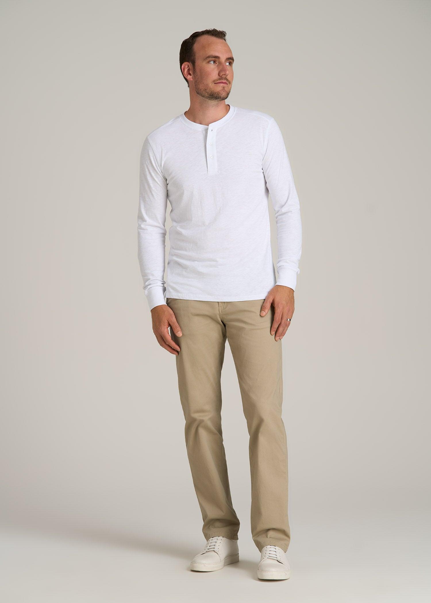 Men's Tall Three Button Long Sleeve Slub Henley in White Product Image