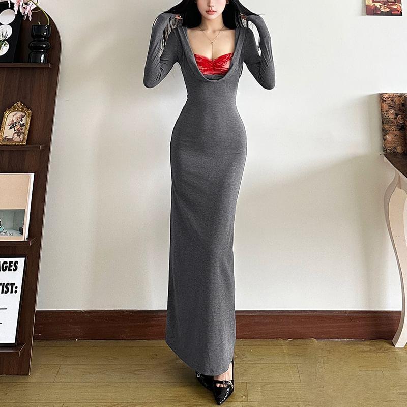 Long Sleeve Scoop Neck Plain Maxi Bodycon Dress Product Image