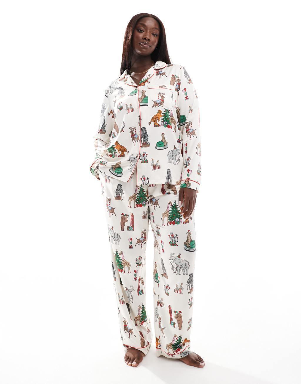 Chelsea Peers Curve Christmas satin circus print long sleeve top and pants pajama set in cream Product Image