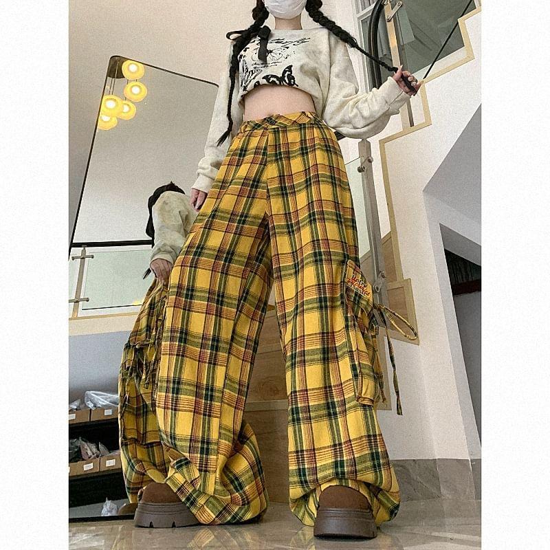 High Waist Plaid Wide Leg Cargo Pants Product Image