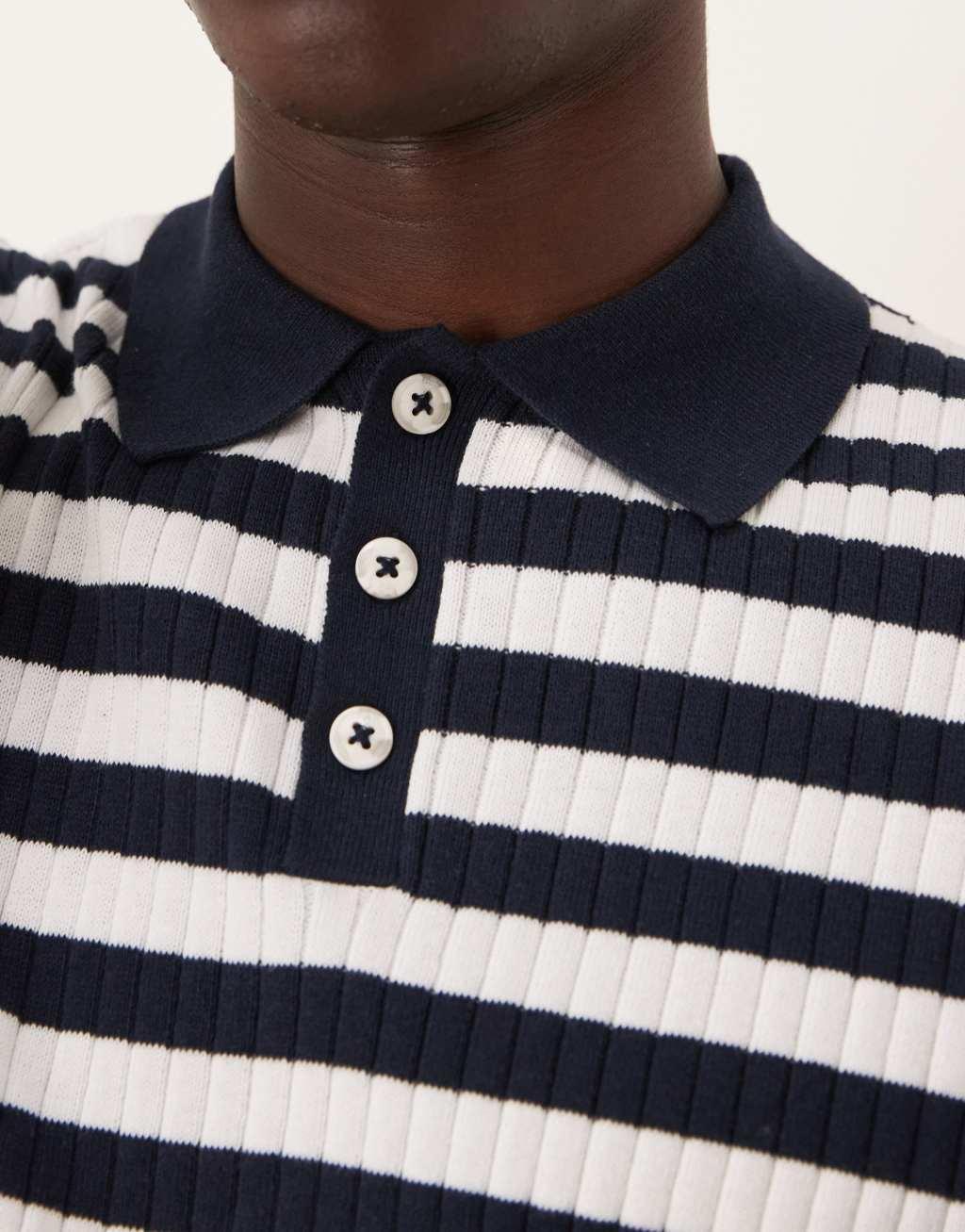 ASOS DESIGN knit polo with stripe pattern in navy and white Product Image