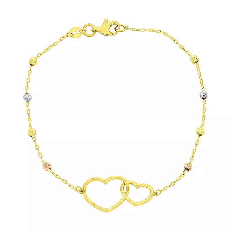 Divine Gold 14k Gold Heart Tri-Color Bead Bracelet, Womens Product Image